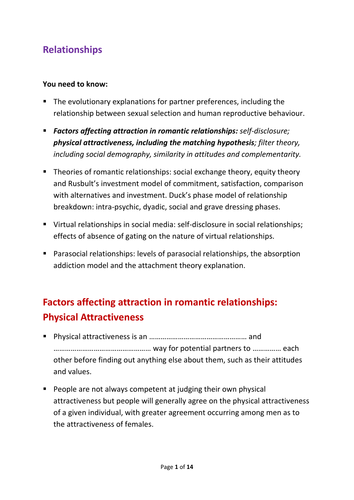 A handout to go with the Relationships powerpoint - Physical Attractiveness AQA 7182 Paper 3