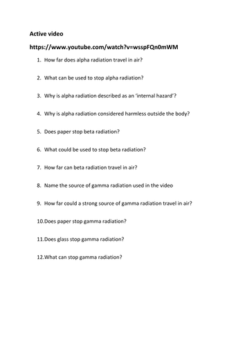 Types of radiation - active video worksheet