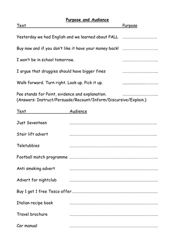 Identifying the purpose and audience: 2 worksheets