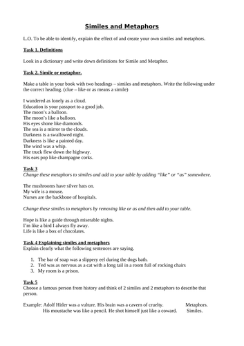 similes and metaphors worksheets teaching resources