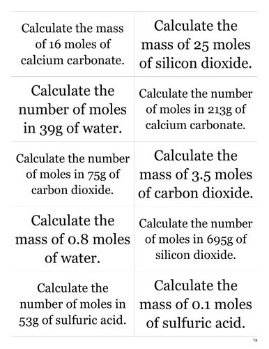 GCSE Chemistry - Moles - TURNOVER CARDS
