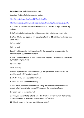 GCSE Chemistry redox and rusting INDEPENDENT RESEARCH ACTIVITY