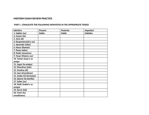 Midterm exam review packet: present preterit and imperfect tenses