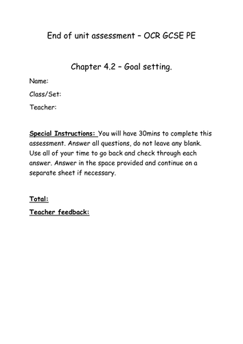 Chapter 4.2 Goal setting chapter assessment and mark scheme OCR GCSE PE 2016 spec