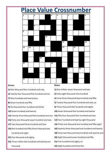 Place Value Words to Figures Cross Number