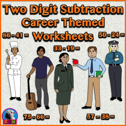 Two Digit Subtraction Worksheets - Career Themed - Horizontal