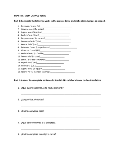 stem change verbs practice worksheet teaching resources