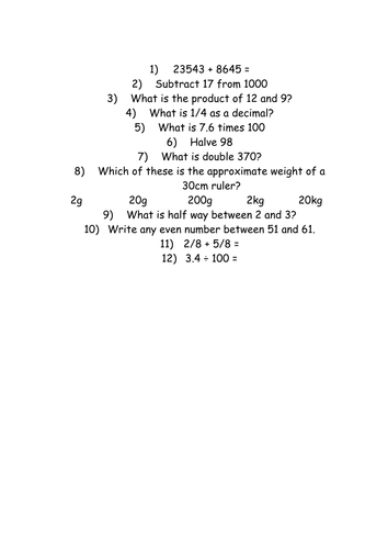 A Week's Worth of 10 Mixed Arithmetic Questions Autumn Week 1