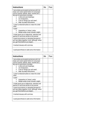 Success Criteria for Instruction Writing - Peer/Self-assessment ...