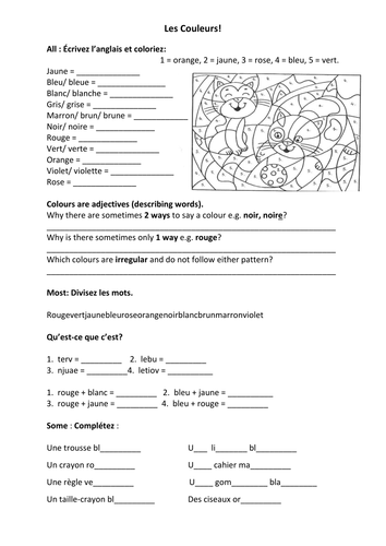 French Teaching Resources Colours Worksheet