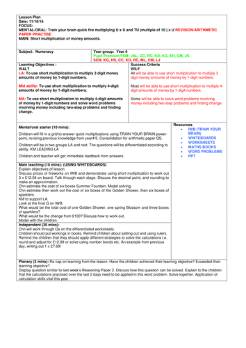 Key Stage 2/KS2 Short multiplication -Maths Observation