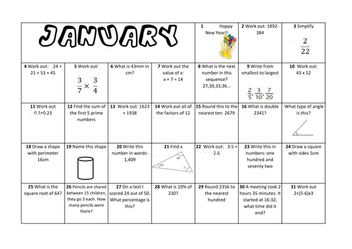 Question a Day Calendar - January KS2