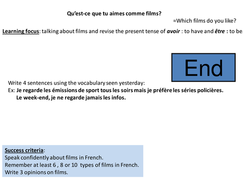 Serie of lessons on films and reading with assessments and homework.