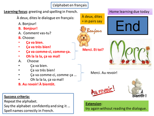 lesson on alphabet and revision on greetings in French
