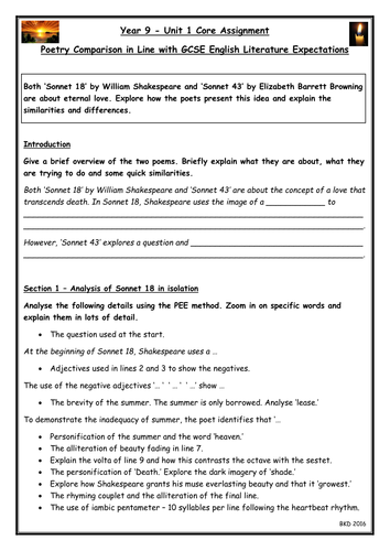 Sonnet 18 and Sonnet 43 Challenging Essay Plan Year 9 Poetry Comparison Shakespeare and Browning