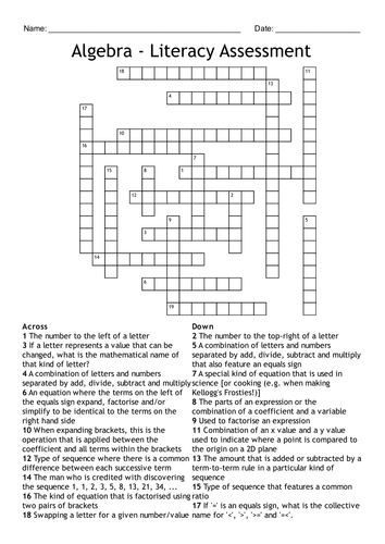 Algebra - literacy assessment (KS3/4)