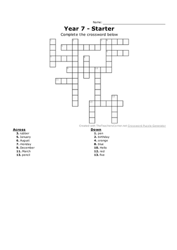 Year 7 crossword starter expo