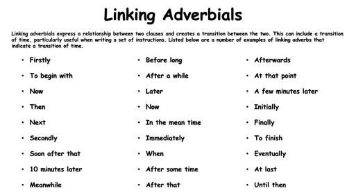 Linking adverbials (Time) word mat