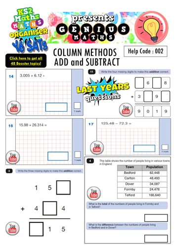 KS2 SATS Column Method Booster Pack - Addition Subtraction - with Youtube Solution Buttons