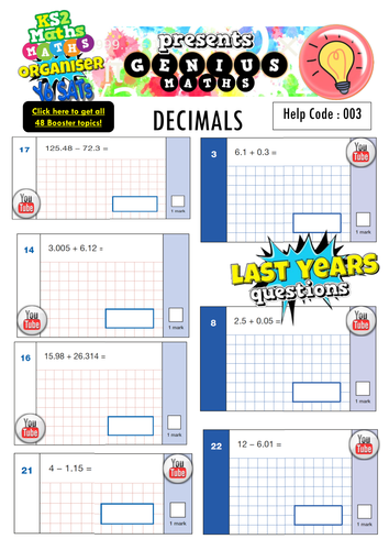 KS2 SATS Decimals Booster Pack - with Youtube Solution Buttons