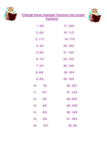 Improper Fractions Worksheet Year 5 and 6