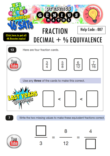 KS2 SATS Fraction, Decimal, Percentage Equivalence Booster Pack - with Youtube Solution Buttons