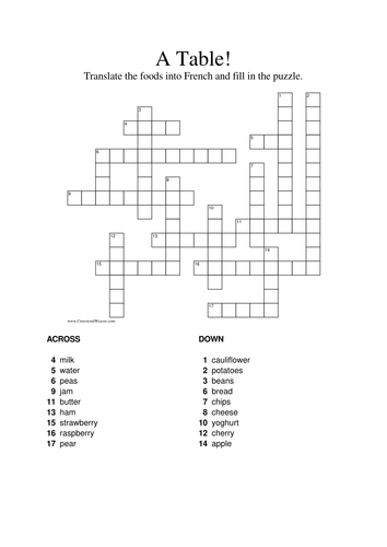 Food crossword in French