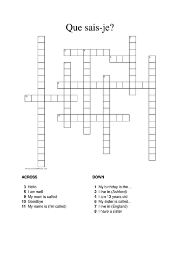 Qu sais je? Basics crossword in French Teaching Resources