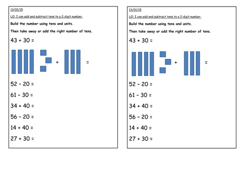 Worksheets: Using Diennes to support addition and subtraction