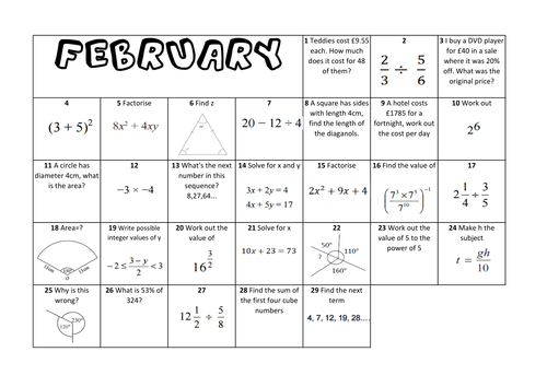 Question a Day Calendar - February KS3/4