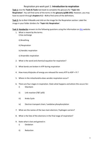 AQA A-level Biology (2016 specification). Section 5 Topic 14: Respiration pre-work
