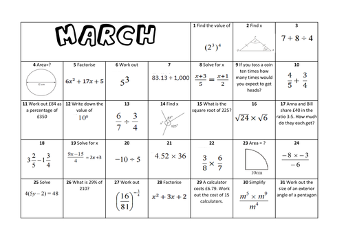 Question a Day Calendar - March KS3/4