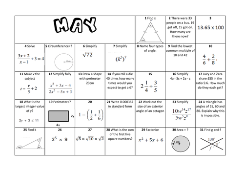 Question a Day Calendar - May KS3/4