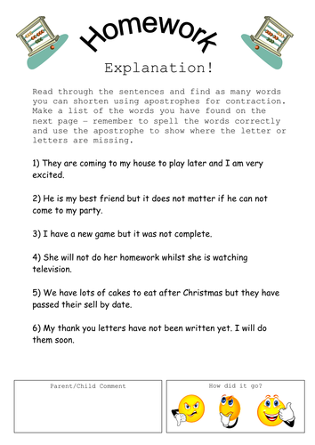 Apostrophes for Contraction Homework Worksheet