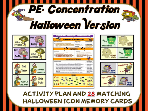 PE Concentration: Halloween Version- Activity Plan and 28 Matching Memory Cards