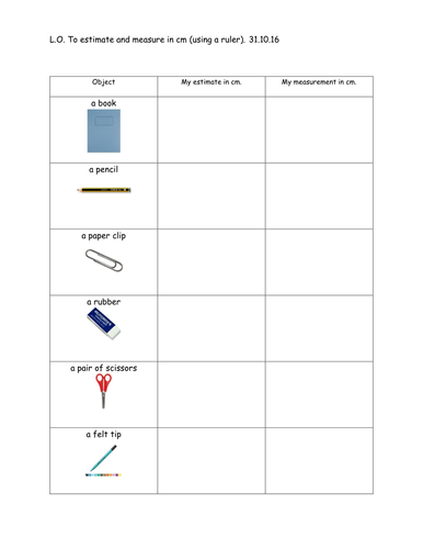 estimate and measure given objects in cm