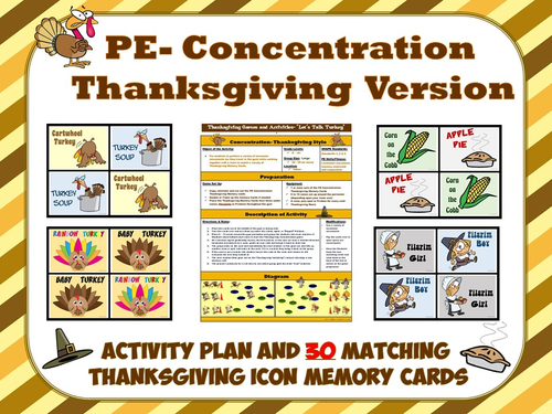 PE Concentration: Thanksgiving Version- Activity Plan with 30 Matching Cards