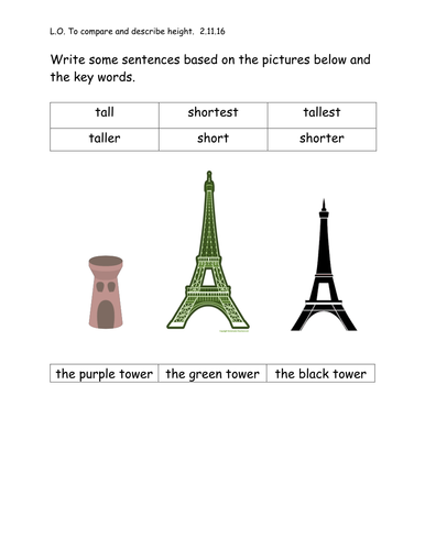 compare and describe height worksheet - Year 1