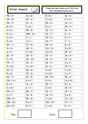 Times tables tests - bronze, silver, gold