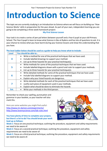 3 weeks of Year 7 practical skills and health & safety homework