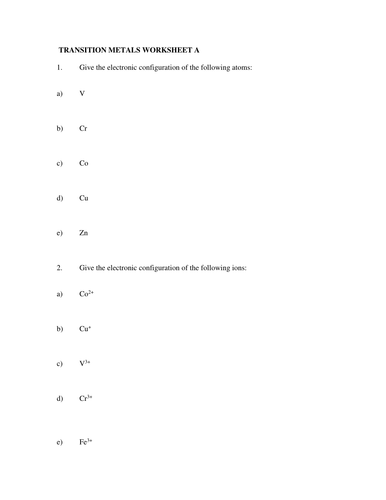 TRANSITION METALS WORKSHEET WITH ANSWERS