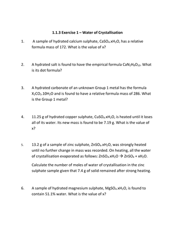 AS worksheet on water of crystillation