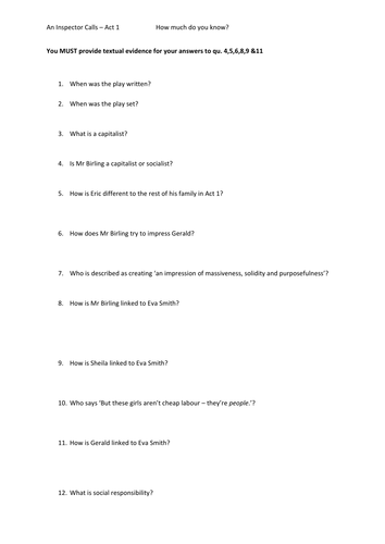 Quick question test on knowledge of An Inspector Calls