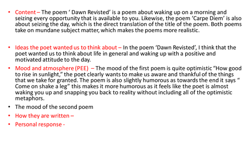 'Dawn Revisited' Modelled Response (WAGOLL) for approaching poetry