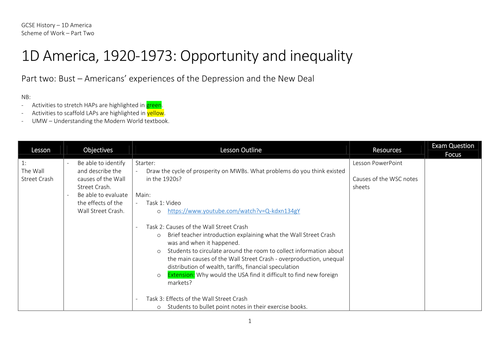 AQA GCSE History - Paper 1A USA - Depression and the New Deal Scheme of Work