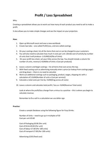 Designing a spreadsheet for Profit/Loss
