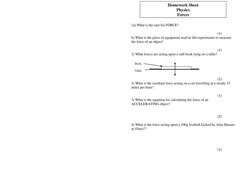 Physics worksheets / hpmework sheets on key topics