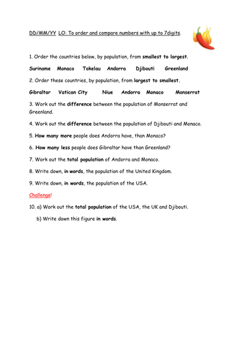 Year 5 Place Value lesson: Order and compare countries by  population theme DIFFERENTIATED