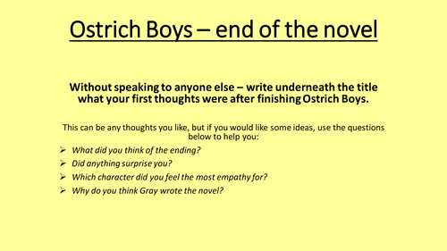 KS3 'Ostrich Boys' by Keith Gray end of unit assessment and creative extension task