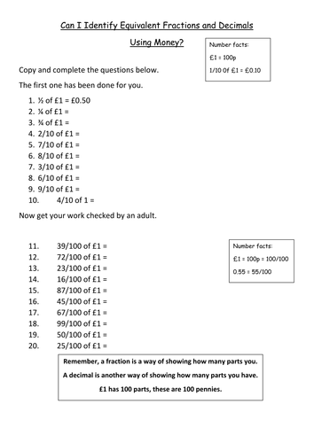 equivalent fractions decimals using money worksheet